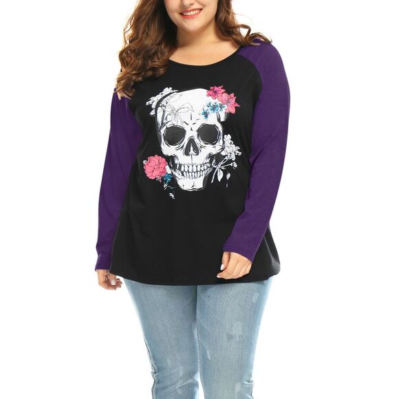Women's Plus Size Tee Shirts Floral Skull Long Sleeve Tops Purple - Picture 4 of 6